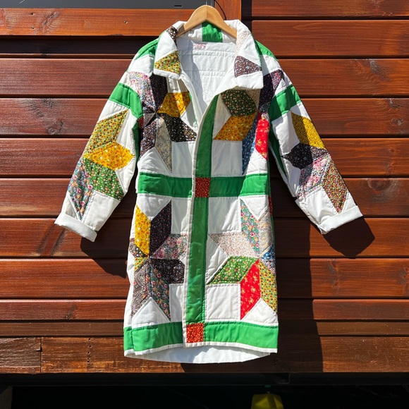 Handmade Star Patchwork Quilt Coat in Bright Green Trim - Picture 2 of 9